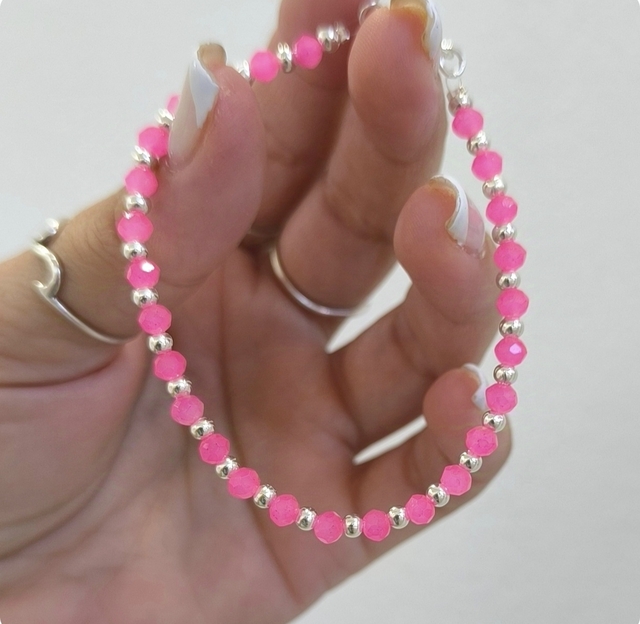 Pulsera Rosa/Fucsia Y Bolitas Lisas Plateadas/Acero Blanco thumbnail 2