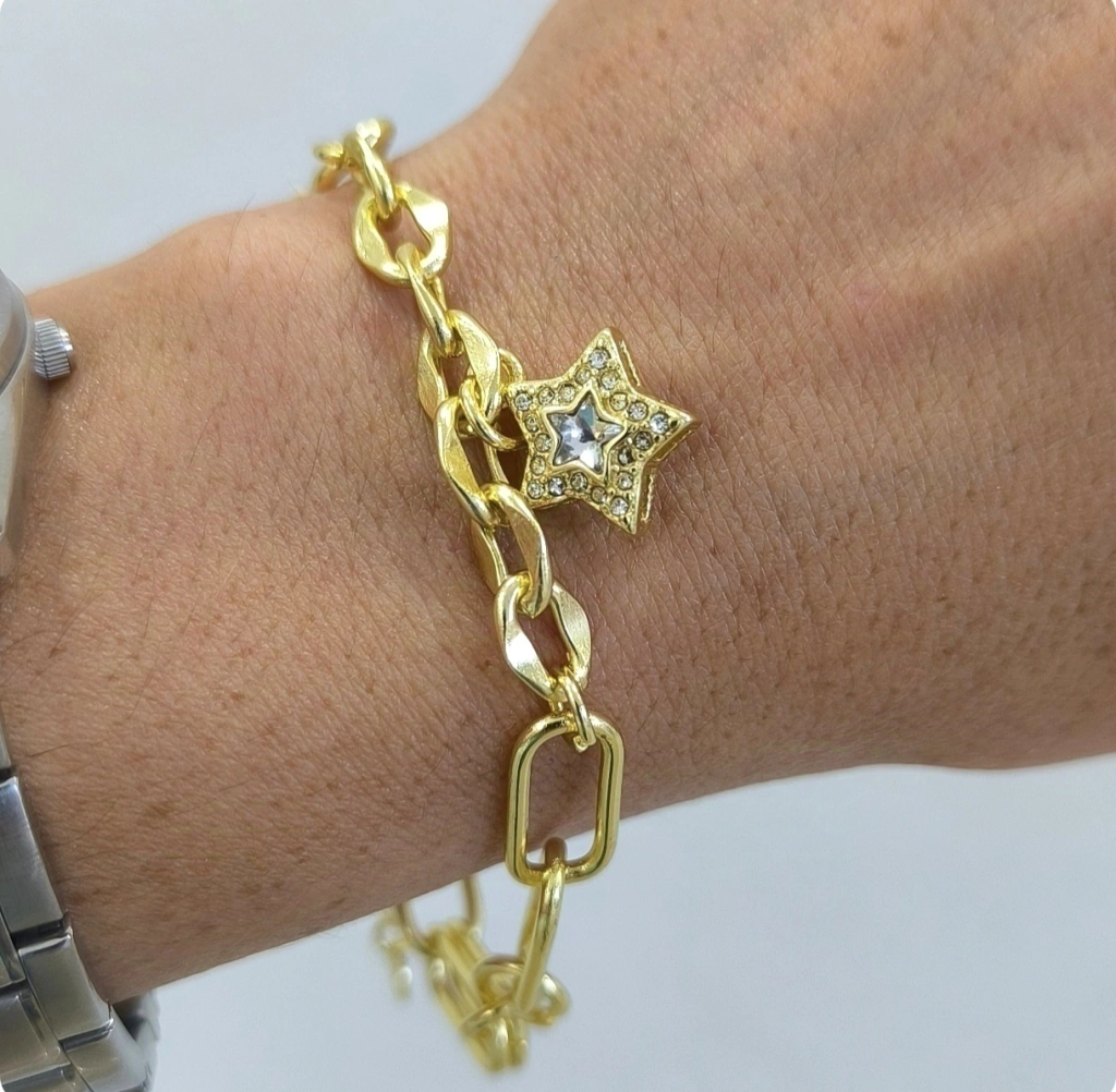 Pulsera eslabones con estrella cubic cristal línea gold