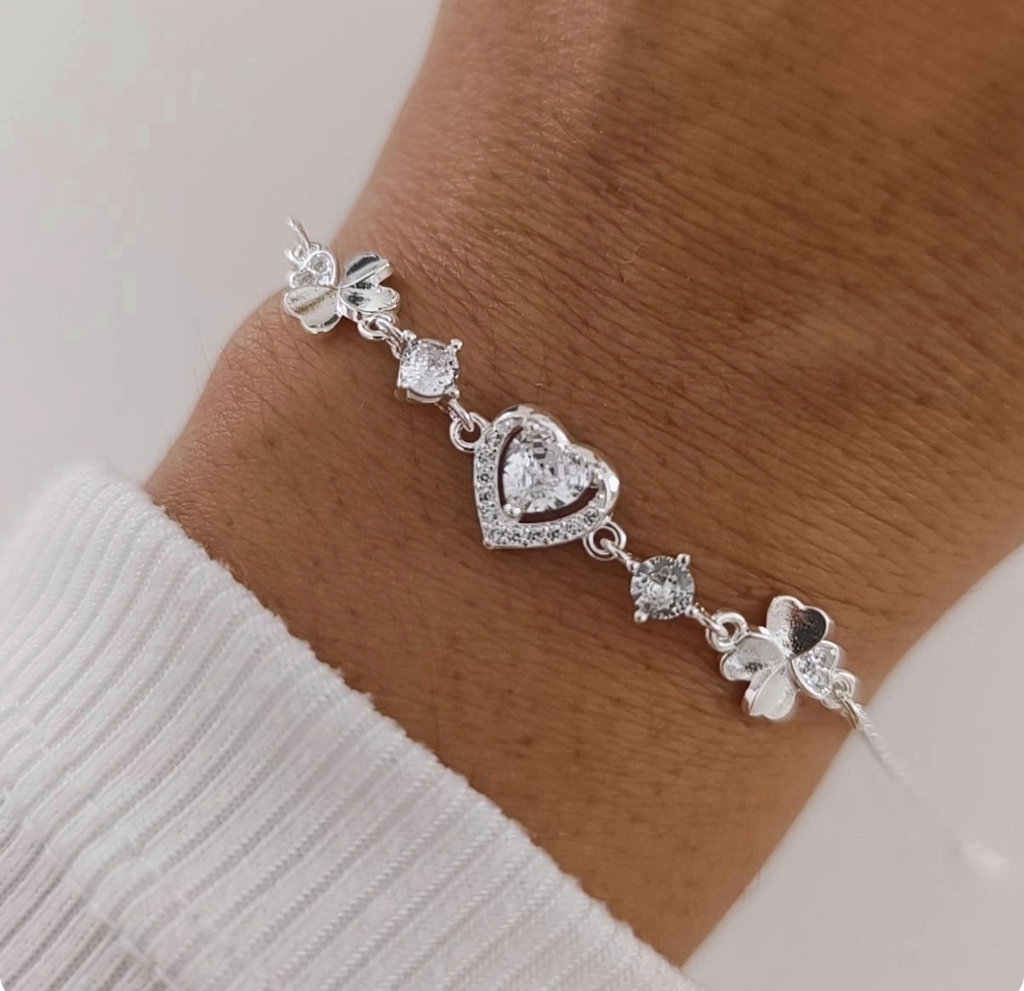 Pulsera Corazon Y Trébol/Cubic Y Micropave/Regulable/Acero Blanco thumbnail 3