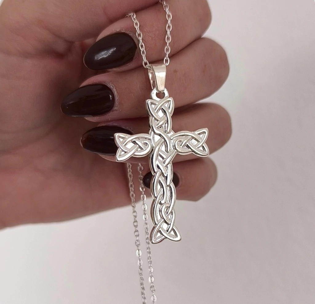 Conjunto cruz labrada/Cadena 50cm/Acero blanco