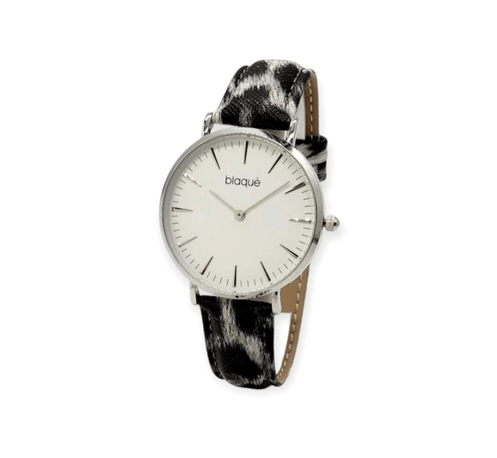 Reloj Blaque malla cuero animal print blanco y negro/