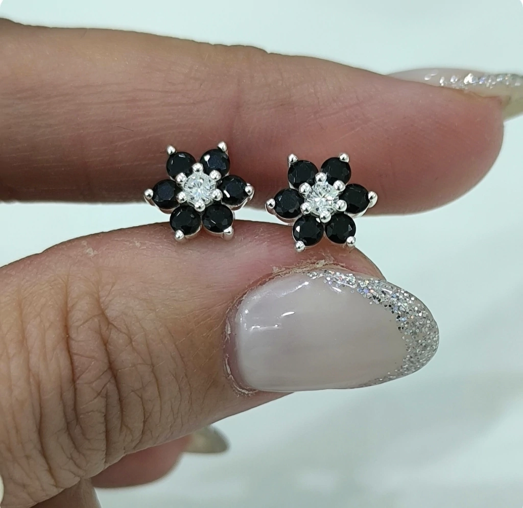 Aros flor/Par/Cubic cristal y onix/Plata italiana925