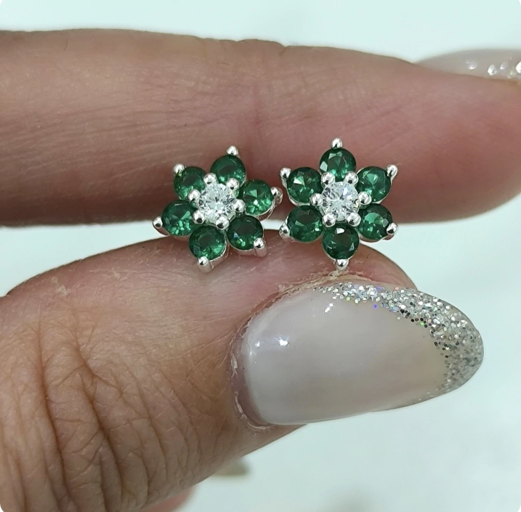 Aros flor/Par/Cubic cristal y verde/Plata italiana925