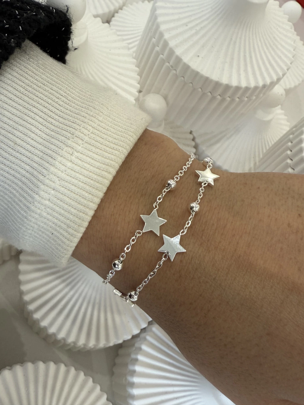 Pulsera doble estrellas regulable/Acero Blanco