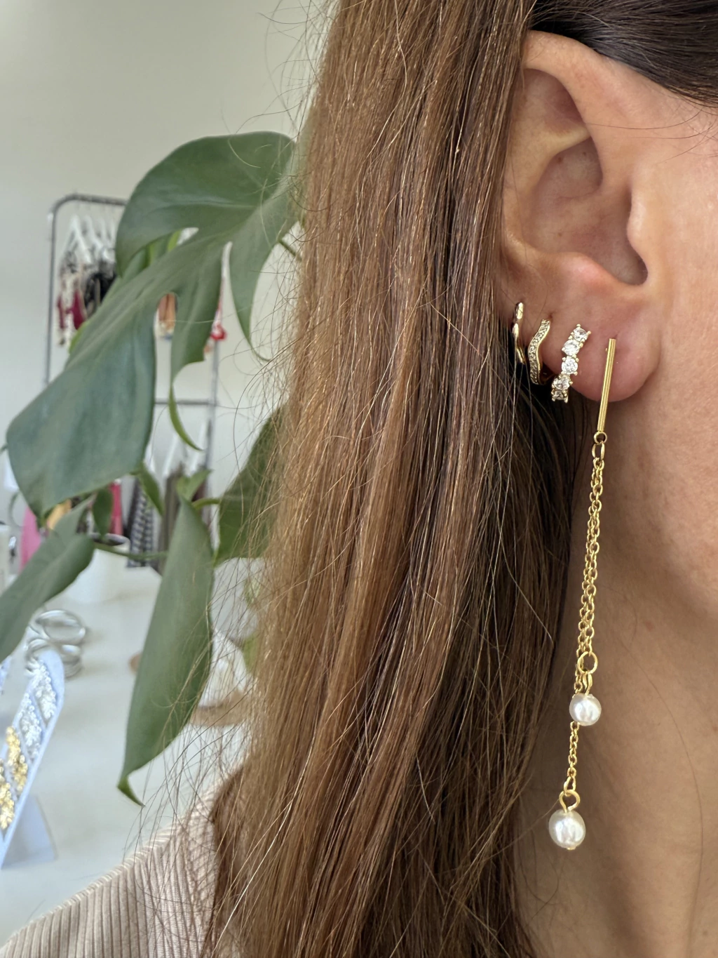 Aros colgantes /Par/Largos/Perlas/Linea gold