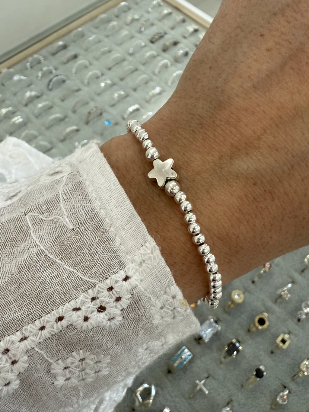 Pulsera elástica/Bolitas/Estrella/Acero blanco