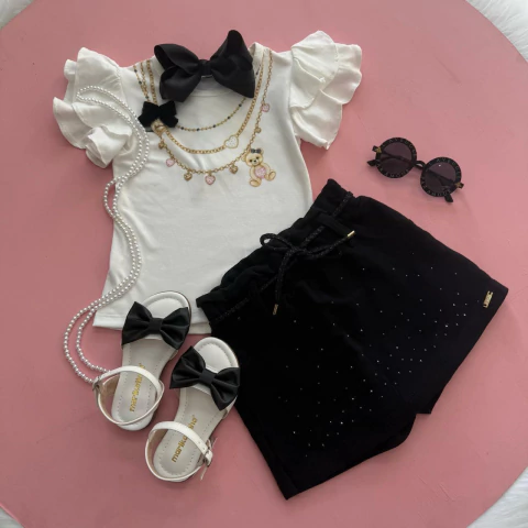 Conjunto Ursinho Colares Short Saia Preto Infanti