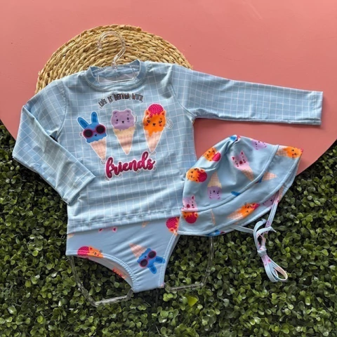 Conjunto Praia Meow Maid Manga Longa Calcinha Chapéu Azul Fakini