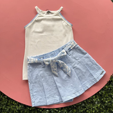 Conjunto Resort Canelado Short Saia Sarja Azul Bebê Infanti