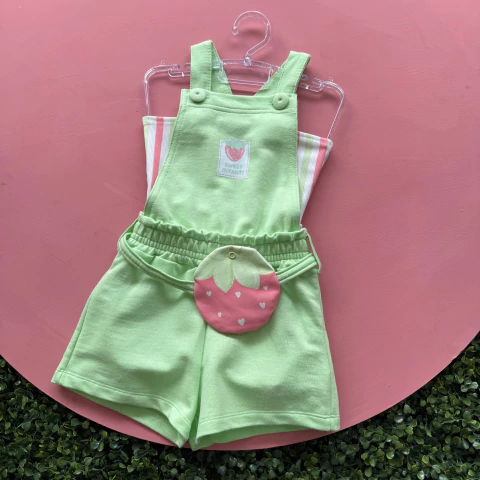 Jardineira Verde Top Ribana Listras Pochete Morango Infanti