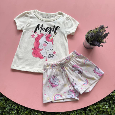 Pijama Magic Unicórnio Creme Blusa Short Fakini