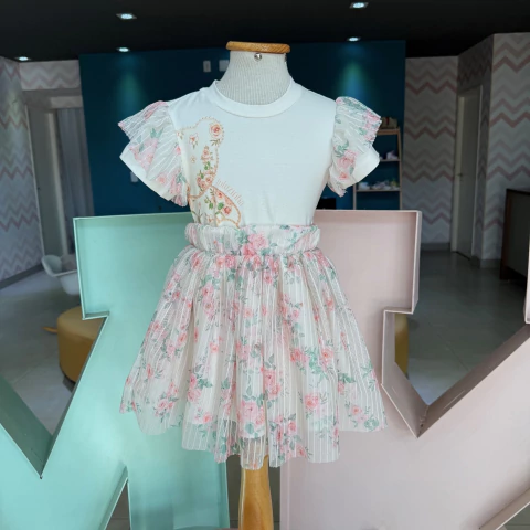 Conjunto Cream Flowers Saia Tule Floral Pastel Luluzinha