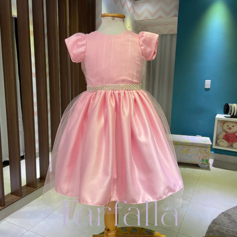 Vestido Luxo Bianca Rosa Bebê Tule Sem Brilho Farfalla.