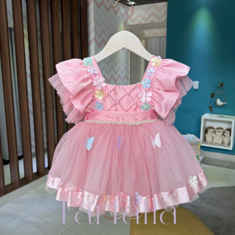 Romper Luxo Jardim Encantado Rosa Bebê Saia Tule Farfalla -