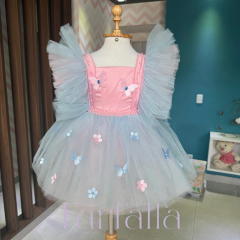 Romper Luxo Jardim Encantado Azul e Rosa Bebê Farfalla-
