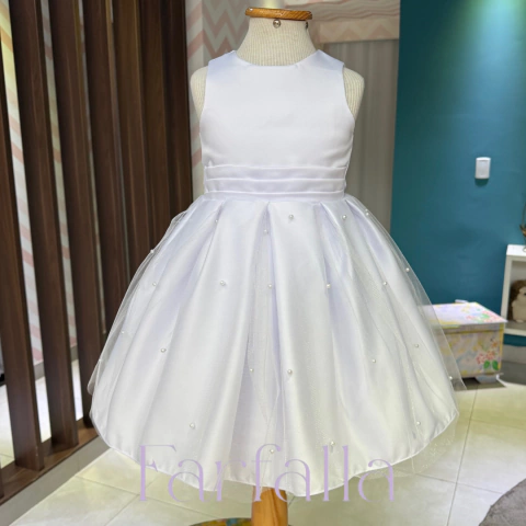 Vestido Luxo Allice Branco Saia Tule Pérolas Farfalla -