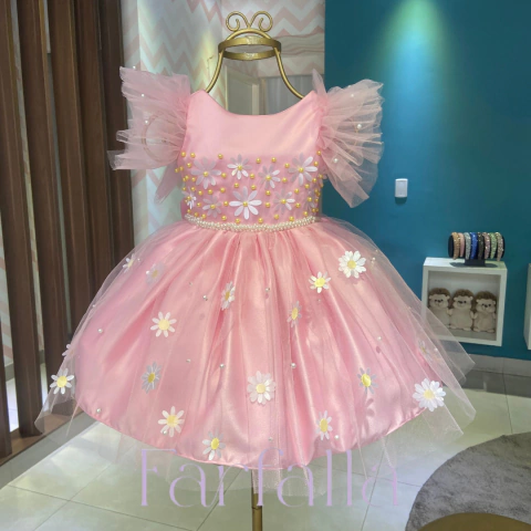 Vestido Luxo Beatrice Rosa Bebê Margaridas Farafalla -