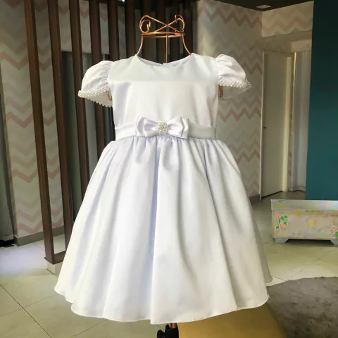 Vestido Batizado Princess Cetim Branco Pérolas Manga Rociclê
