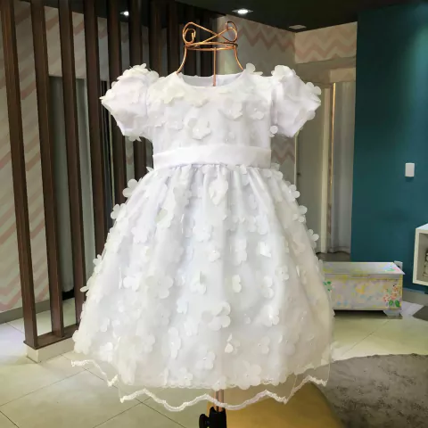 Vestido Batizado Flowers 3D Branco Rociclê