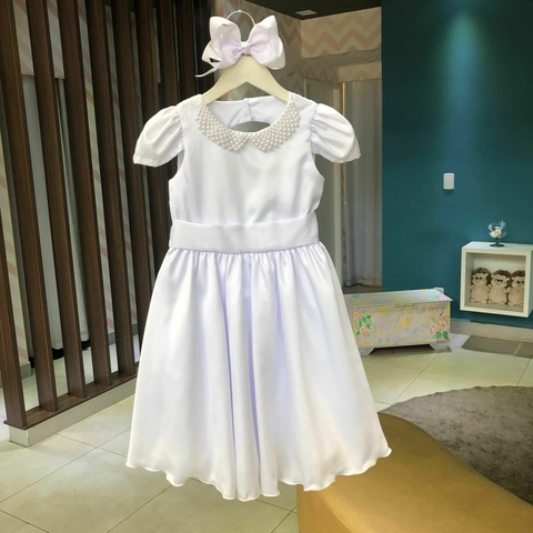 Vestido Batizado Godê Gola Pérolas Rociclê