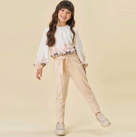 Conjunto Bata Floral Calça Creme Brilho Infanti - comprar online