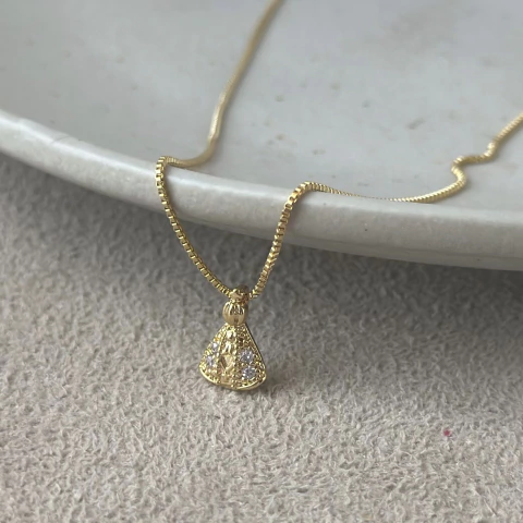 Colar Pingente de Nossa Senhora Cravejado 45 cm com Extensor em Banho Ouro