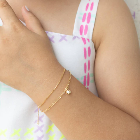 Pulseira Infantil Dupla Ponto de Zircônia no Banho de Ouro 18k