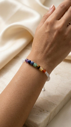 Pulsera 7 Chakras Piedras Naturales (17 + 5 cm) - Plata925 y Cristales de Roca - Santa Margarita Joyas
