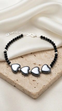 Pulsera Hematite Corazones - Plata 925 y Cristales - (Largo 18cm + 5 extensión) - comprar online