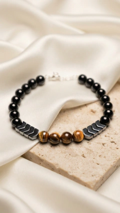 Pulsera Esferas Ojo de Tigre - Ónix Negro y Flechas de Hematite - Plata 925 - (Largo 18cm + 5 extensión) - comprar online