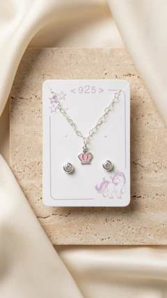 Set Corona Rosa Cadena con dije + Aros Pasantes - Plata