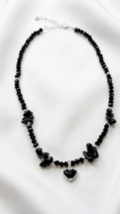 Collar Corazón de Cristal – Obsidiana - Plata - Regulable Medida 40 + 5cm