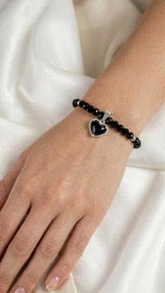 Pulsera Lovely con Dije Corazón - Plata900 y Cristales Negros - Largo 18cm + 5cm extensión