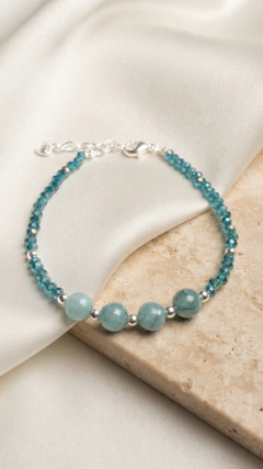 Pulsera Aguamarina - Plata 925 y Cristales - (Largo 18cm + 5 extensión)