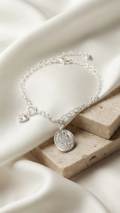 Pulsera Corazones Dije San Benito y Corazón cubic - 18cm + 5cm extensión - Plata