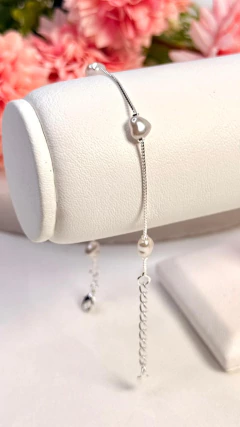 Pulsera Corazones Perlas 18cm + 4cm extención -Plata Laminada en internet
