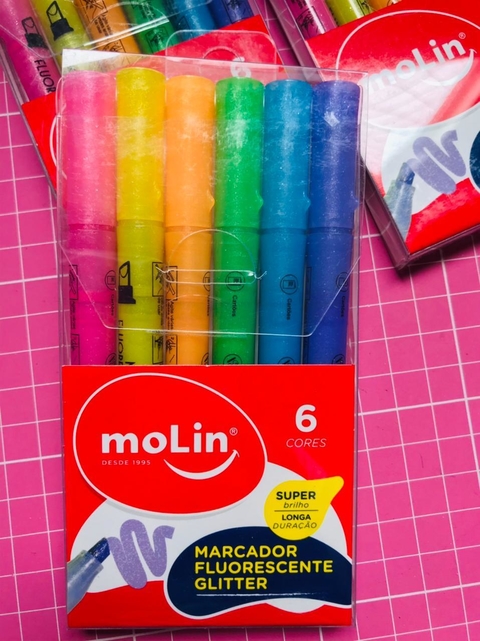 Marca Texto com Gliter - Fluorescente - 6 cores | Molin