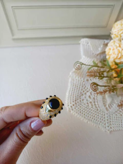 ANEL OLHO GREGO APLICAÇÕES DE RÓDIO BRANCO PEDRA NATURAL ONIX - Cordão de Luz Joias Finas