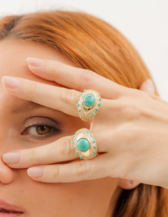 Imagem do ANEL OLHO GREGO APLICAÇÕES DE RÓDIO BRANCO PEDRA NATURAL TURQUESA