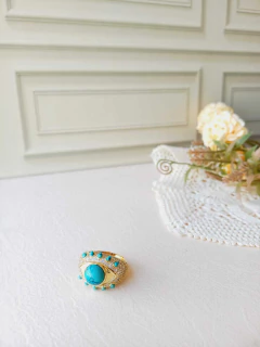 ANEL OLHO GREGO APLICAÇÕES DE RÓDIO BRANCO PEDRA NATURAL TURQUESA - Cordão de Luz Joias Finas