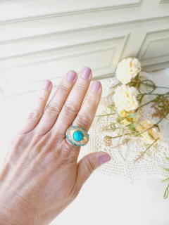 ANEL OLHO GREGO APLICAÇÕES DE RÓDIO BRANCO PEDRA NATURAL TURQUESA