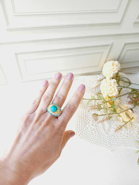 ANEL OLHO GREGO APLICAÇÕES DE RÓDIO BRANCO PEDRA NATURAL TURQUESA - comprar online