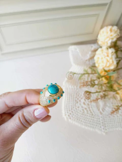 ANEL OLHO GREGO APLICAÇÕES DE RÓDIO BRANCO PEDRA NATURAL TURQUESA - loja online