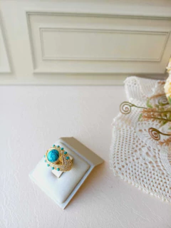 ANEL OLHO GREGO APLICAÇÕES DE RÓDIO BRANCO PEDRA NATURAL TURQUESA - Cordão de Luz Joias Finas