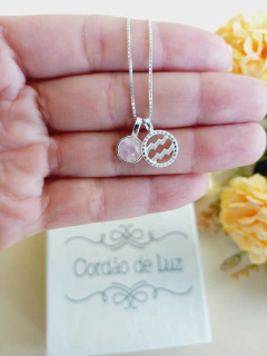 COLAR PRATA 925 SIGNO DE AQUÁRIO COM PEDRA NATURAL QUARTZO ROSA - comprar online