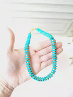 COLAR CHOKER DISCOS DE HEMATITA E HOWLITA TURQUESA AZUL na internet