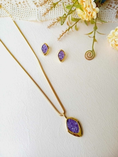 CONJUNTO LOSANGO PEDRA NATURAL AMETISTA