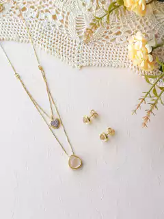 CONJUNTO PINGENTE DUPLO EM ZIRCÔNIAS E PEDRA NATURAL CRISTAL DE ROCHA - Cordão de Luz Joias Finas