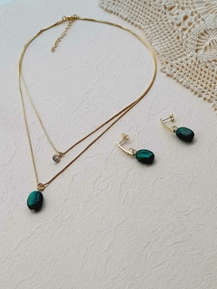 CONJUNTO PINGENTE DUPLO COM PONTO DE LUZ E A PEDRA NATURAL MALAQUITA - Cordão de Luz Joias Finas