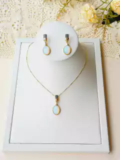 CONJUNTO BANHO OURO 18K E RÓDIO NEGRO PEDRA OPALINA